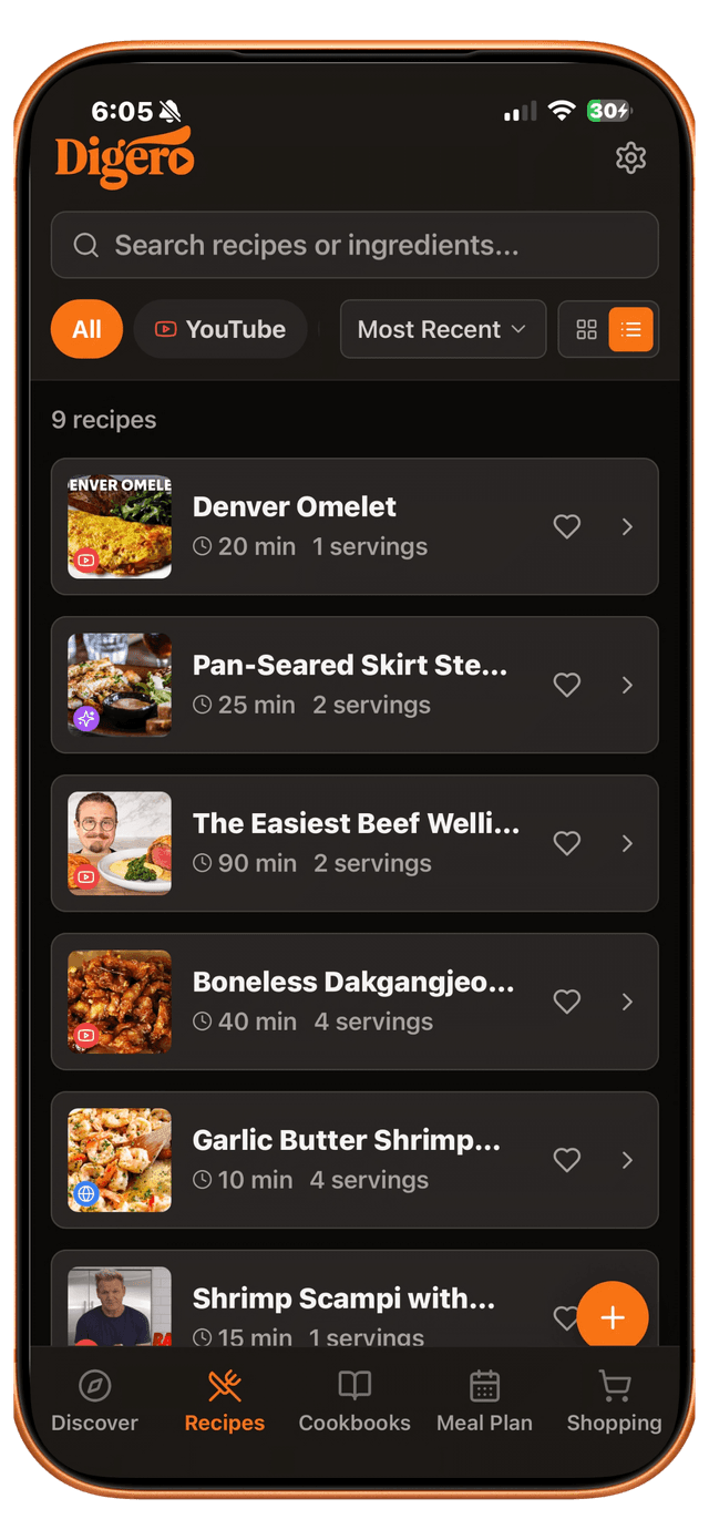 Recipe list view