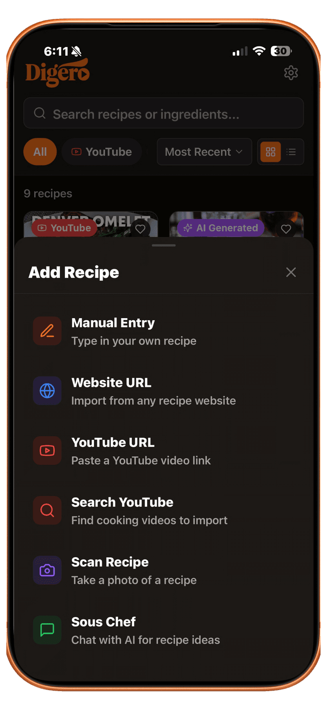 Add recipe from URL, YouTube, camera, or share extension