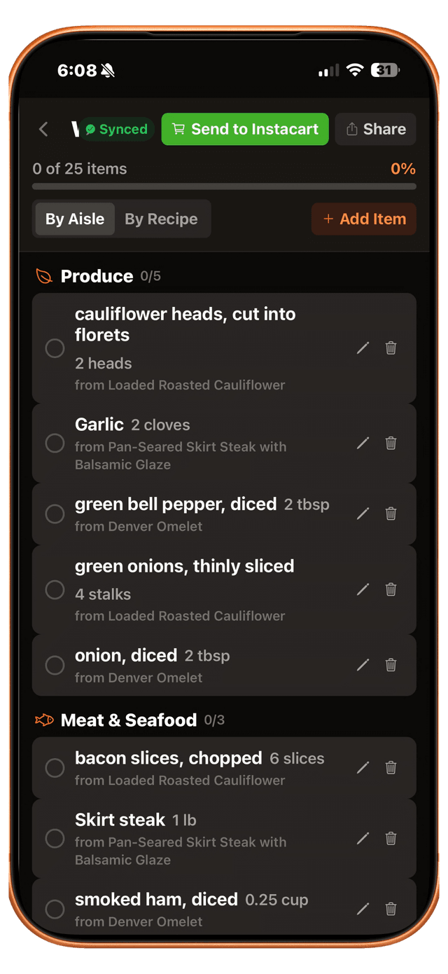 Shopping list by aisle