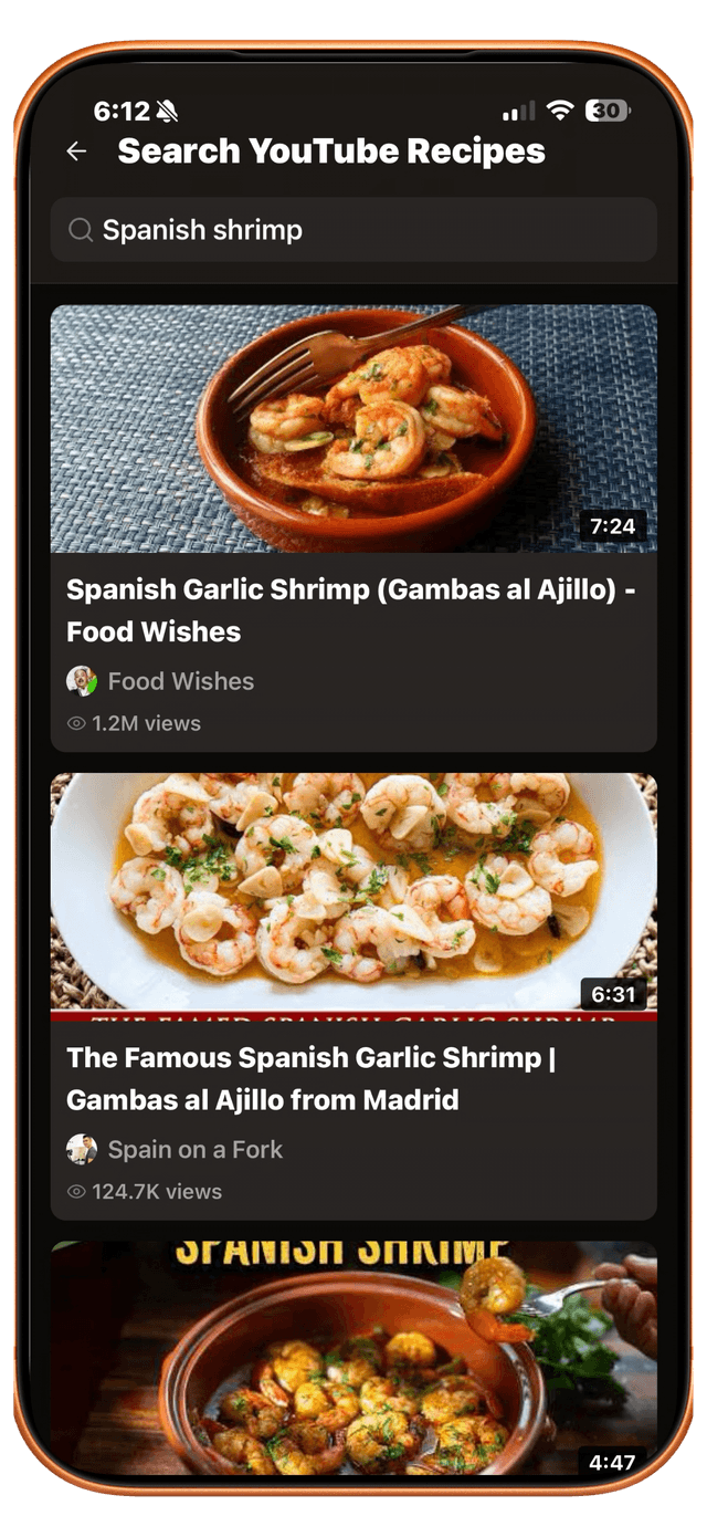 YouTube recipe search results